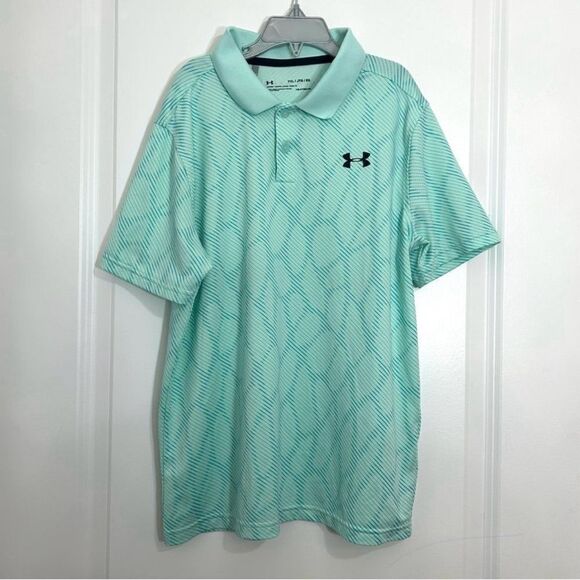 Under Armour Youth Extra Large Collar Polo Button Geometric Golf Shirt Heatgear - Picture 1 of 7